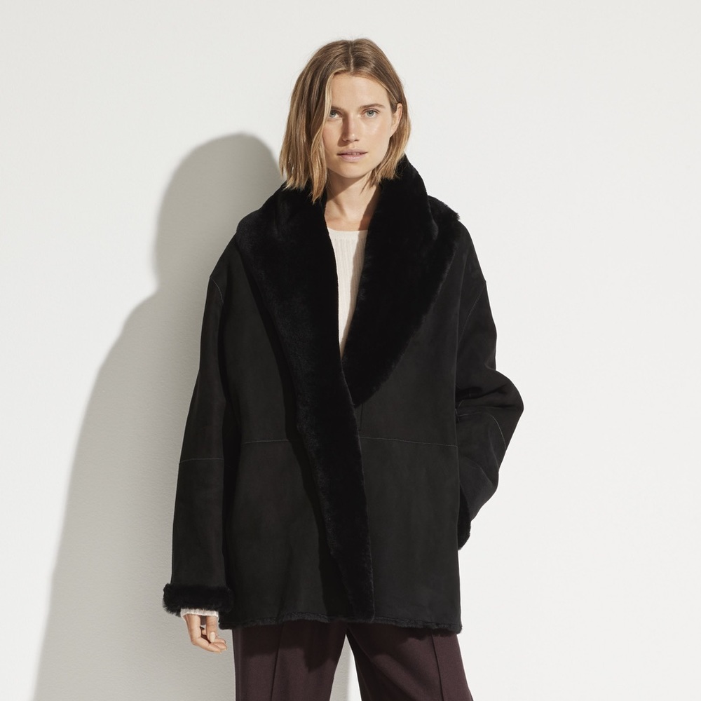 Vince lamb shearling fur suede shawl collar cardigan jacket coat